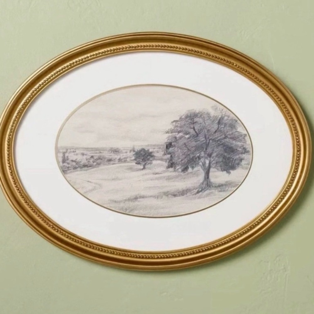 Hearth & Hand Horizontal Oval Gold Framed Landscape Sketch Wall Art 12”x16” NIP